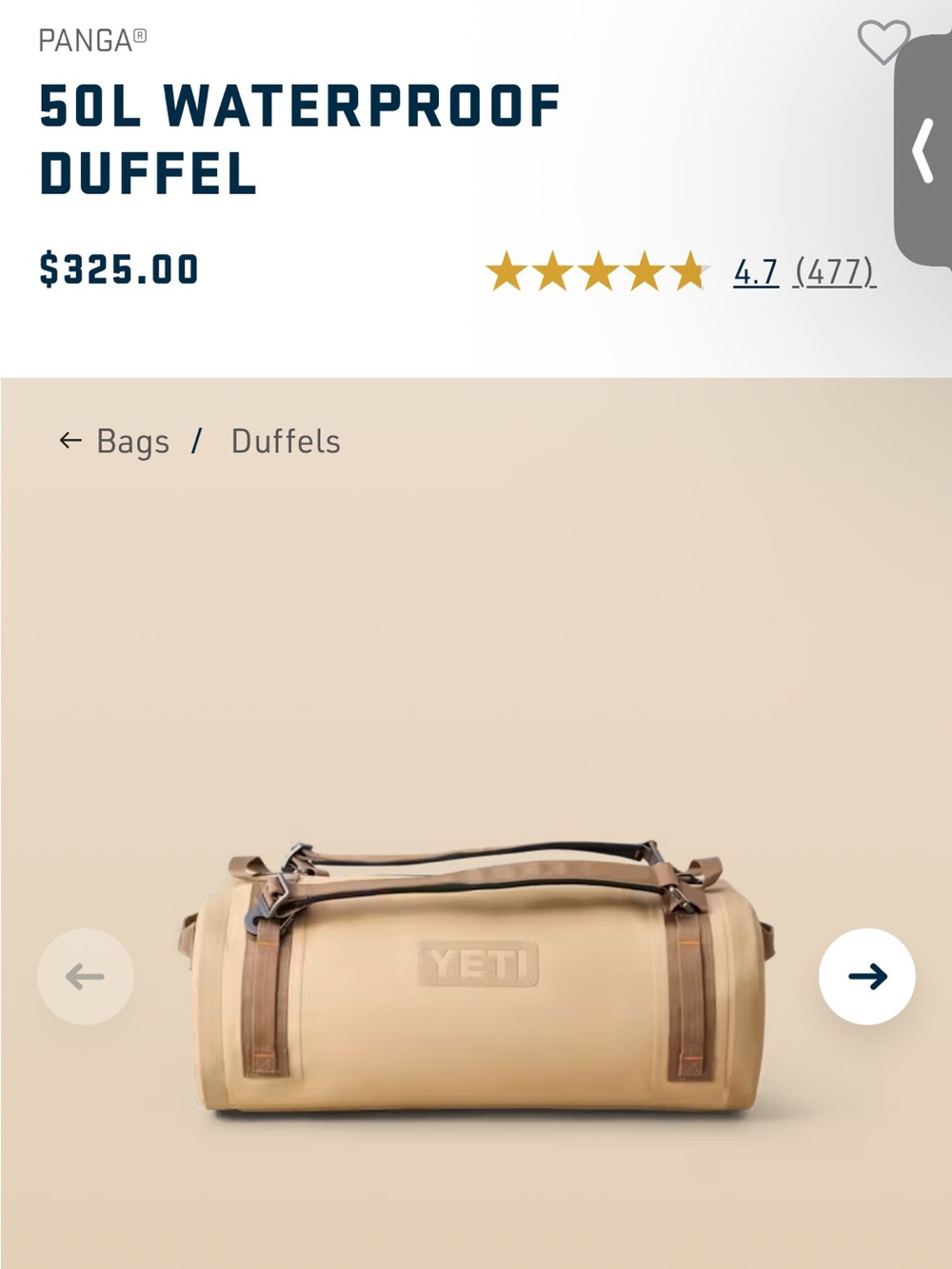 Yeti 50L Waterproof Duffel in Tan with Brown Straps